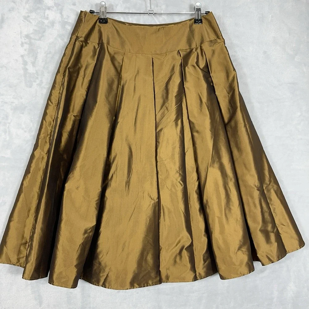 Talbots Petites Pure 100% Silk A-Line Midi Skirt Pleated Lined Champagne Gold‎ 8